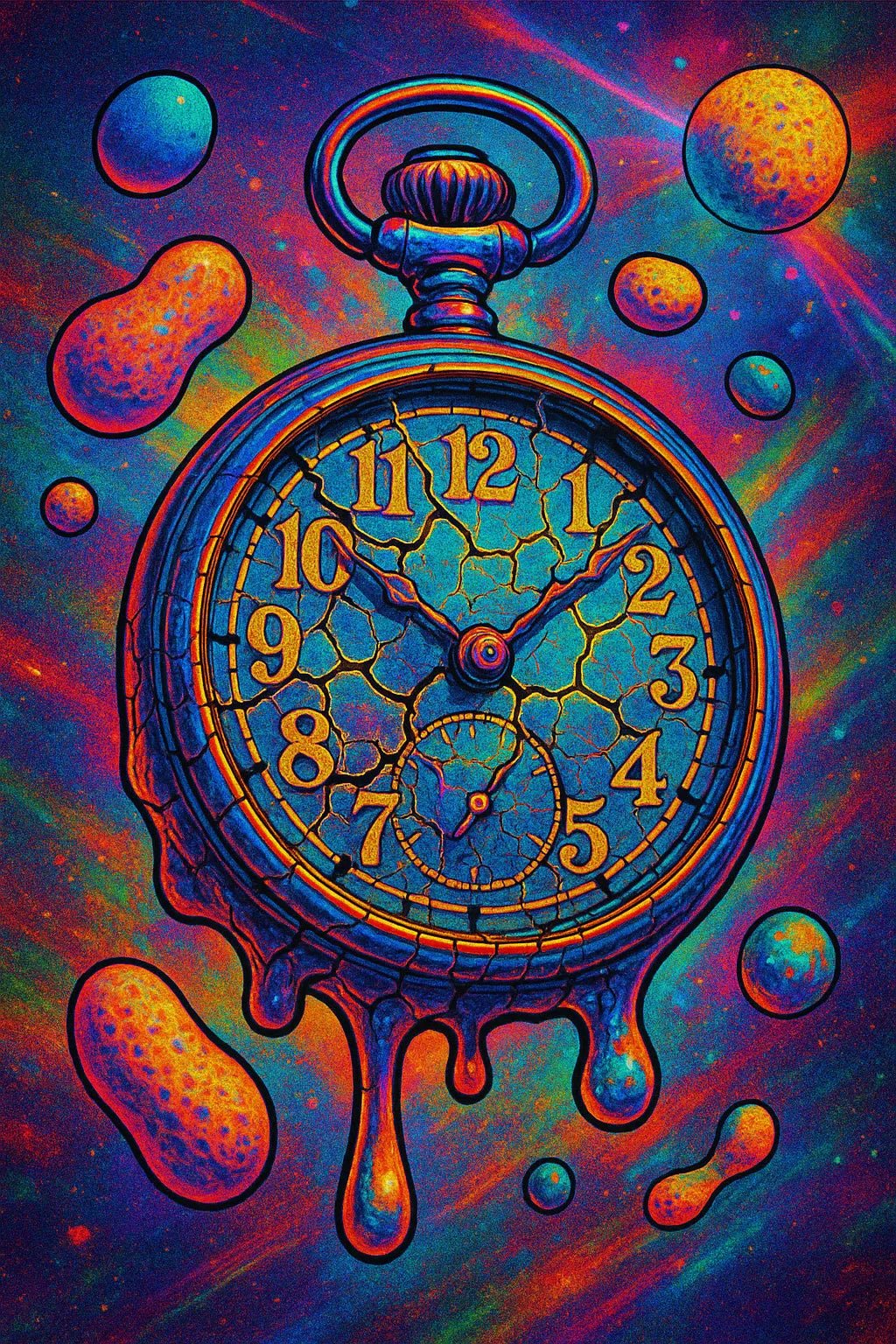 Example output from the Surreal Psychedelic Portrait Art ChatGPT prompt: vivid, hyper-saturated portraits. Clock.