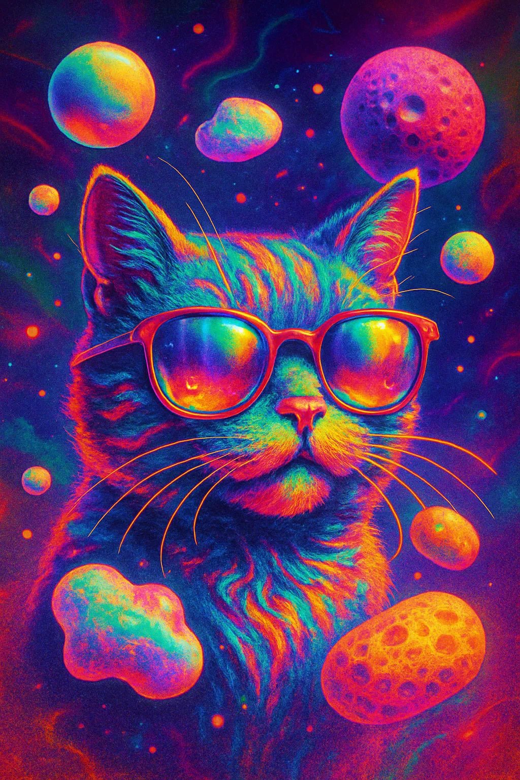 Example output from the Surreal Psychedelic Portrait Art ChatGPT prompt: vivid, hyper-saturated portraits. Cat.