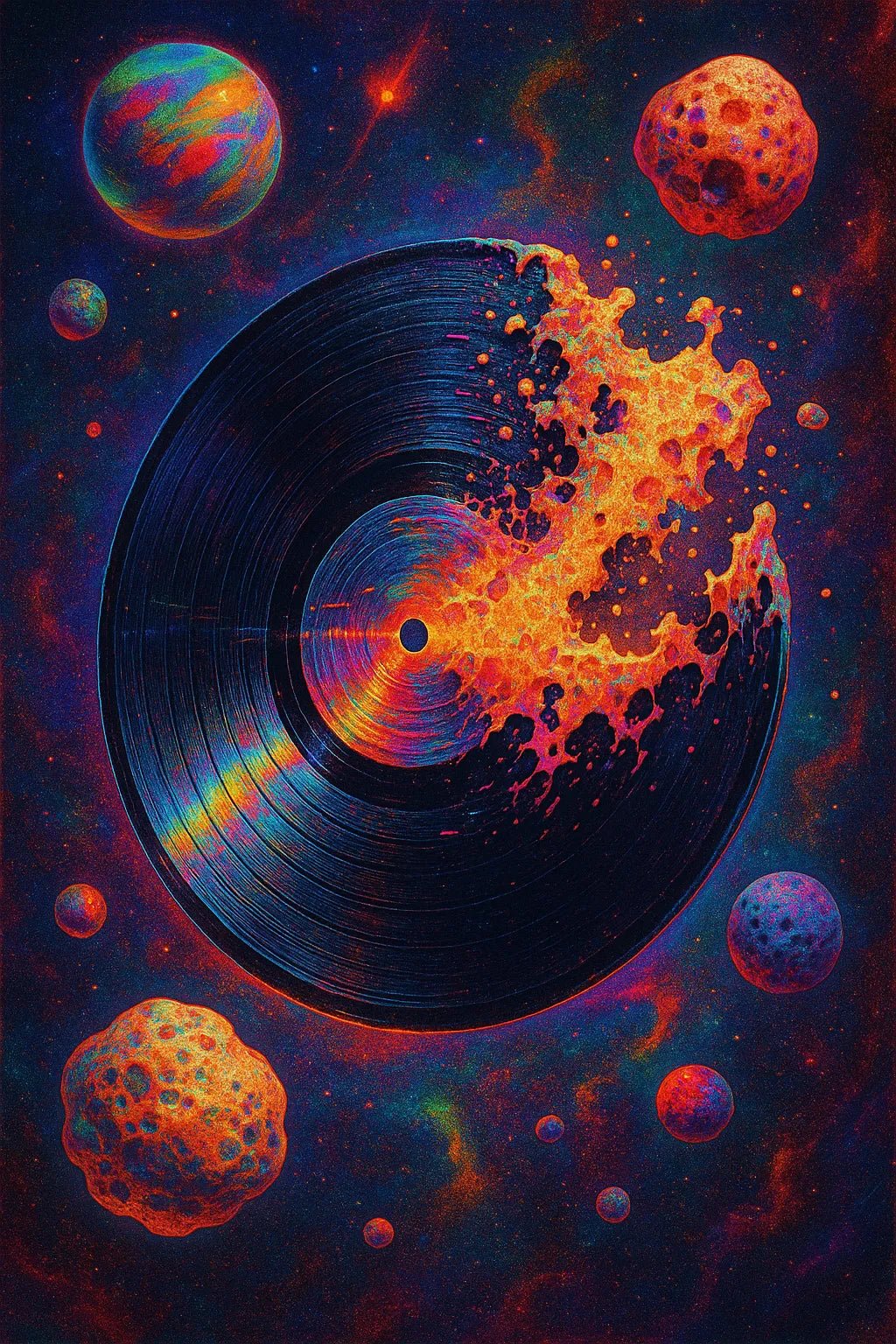 Example output from the Surreal Psychedelic Portrait Art ChatGPT prompt: vivid, hyper-saturated portraits. Disk.