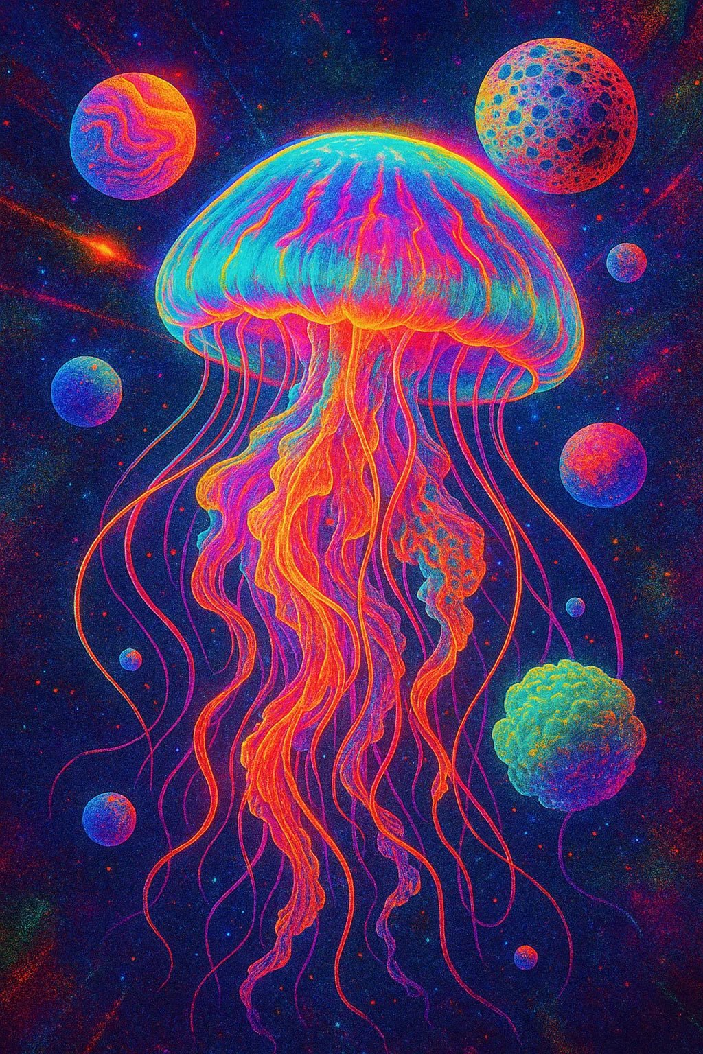Example output from the Surreal Psychedelic Portrait Art ChatGPT prompt: vivid, hyper-saturated portraits. Jellyfish.