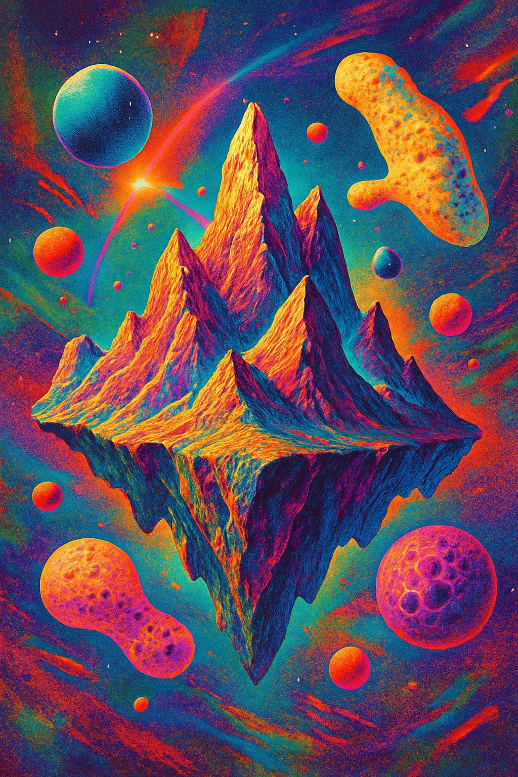 Example output from the Surreal Psychedelic Portrait Art ChatGPT prompt: vivid, hyper-saturated portraits. Mountain.