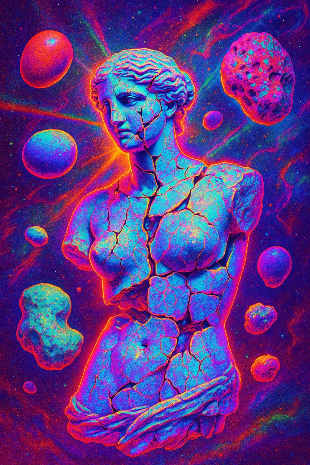 Example output from the Surreal Psychedelic Portrait Art ChatGPT prompt: vivid, hyper-saturated portraits. Stone.