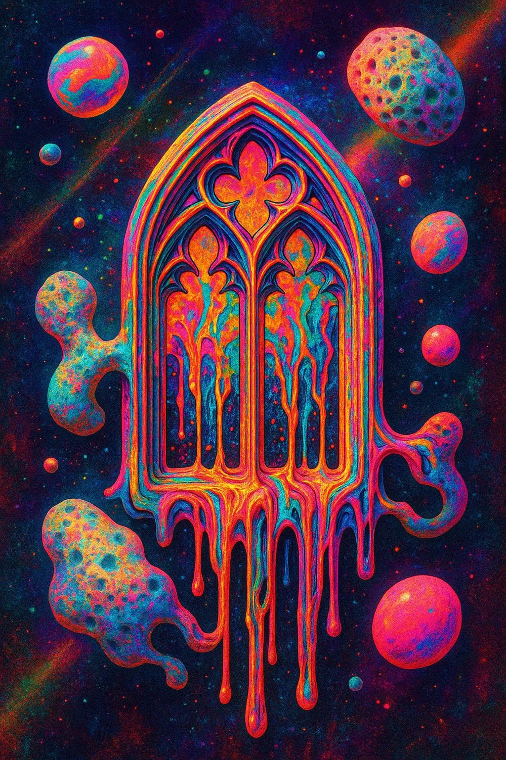 Example output from the Surreal Psychedelic Portrait Art ChatGPT prompt: vivid, hyper-saturated portraits. Window.