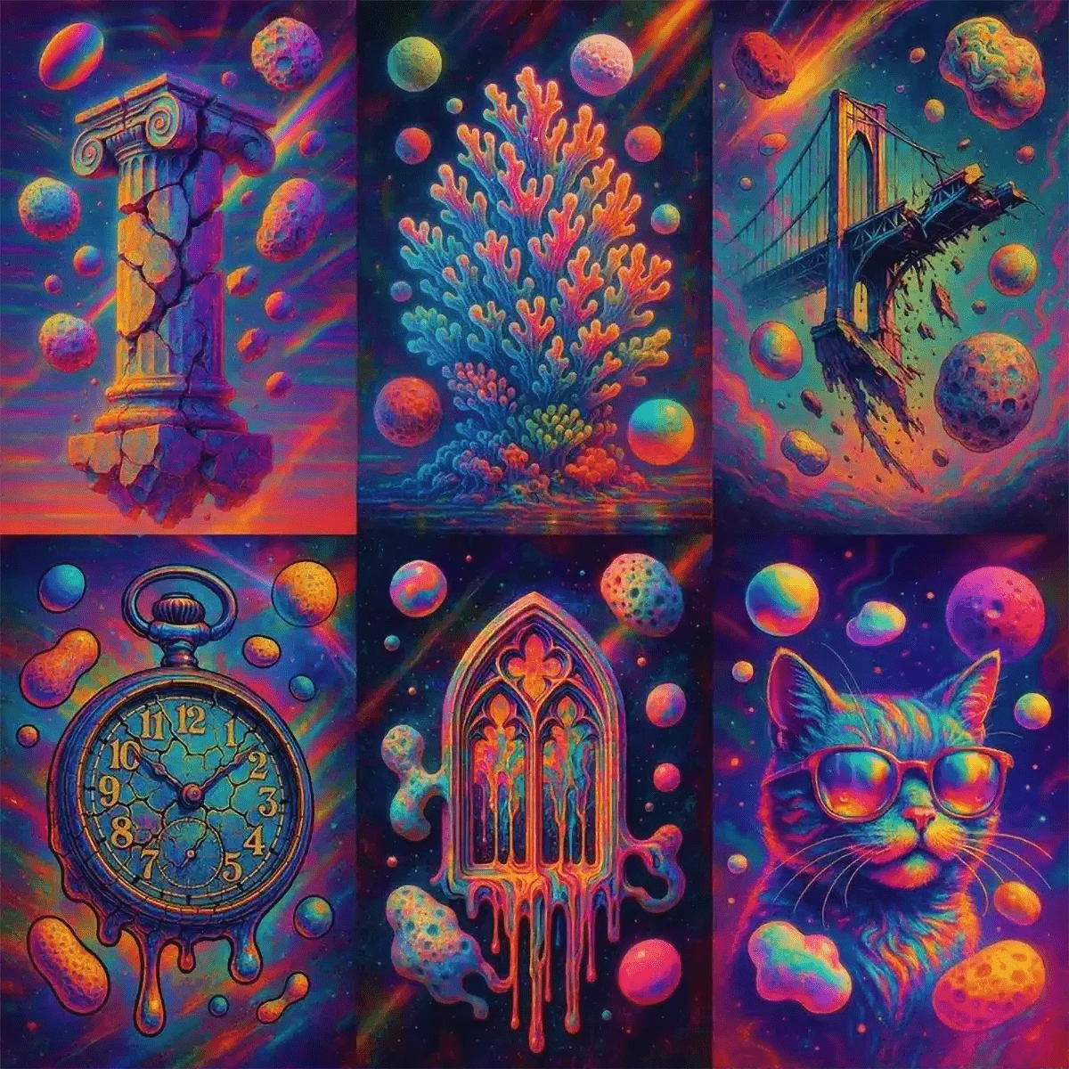 Example output from the Surreal Psychedelic Portrait Art ChatGPT prompt: vivid, hyper-saturated portraits with floating textures, cosmic patterns, and hallucinogenic glitch-pop fusion in surreal visual compositions.