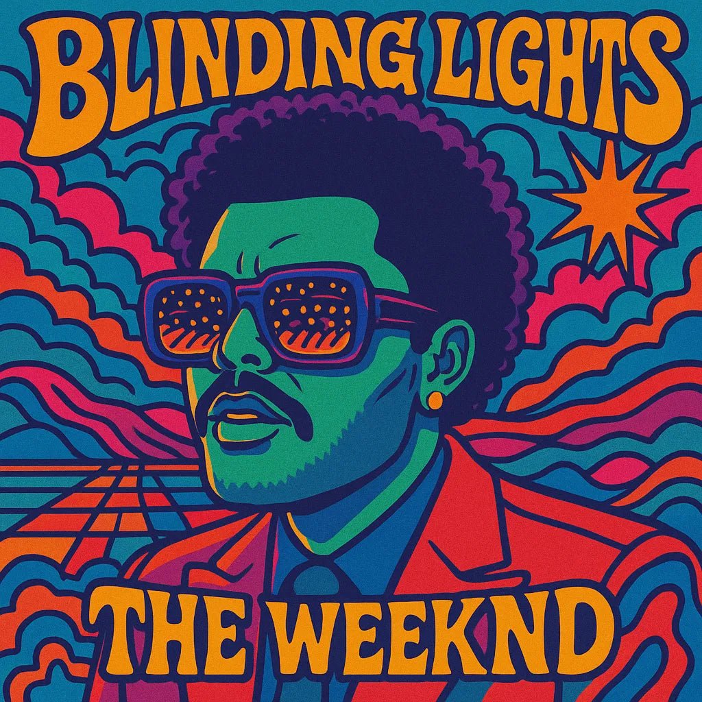 Example output from the Surreal Psychedelic Song Album Covers ChatGPT prompt: square-format album art with surreal, trippy characters, vivid colors, and psychedelic fonts—styled for musicians and creative branding. Blinding Lights, The Weeknd.