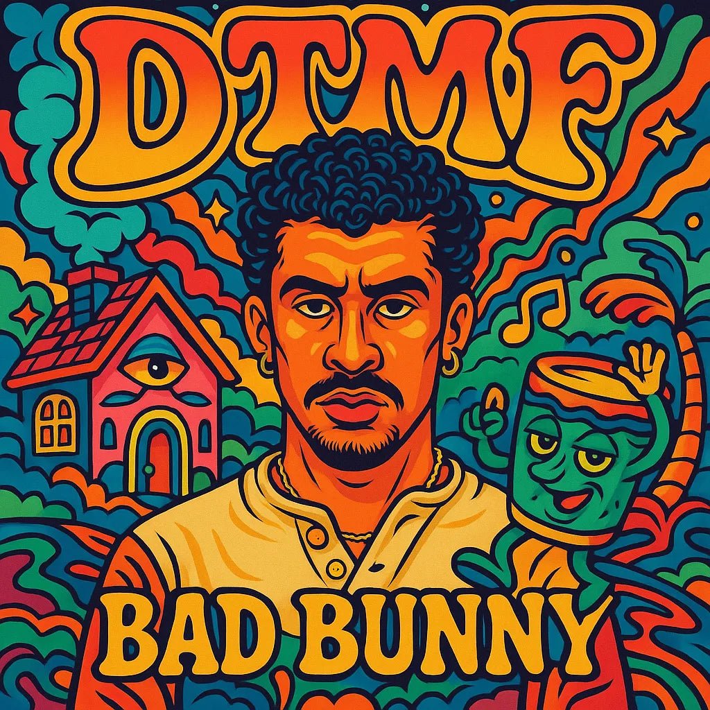 Example output from the Surreal Psychedelic Song Album Covers ChatGPT prompt: square-format album art with surreal, trippy characters, vivid colors, and psychedelic fonts—styled for musicians and creative branding. DTMF, Bad Bunny.