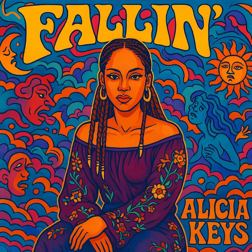 Example output from the Surreal Psychedelic Song Album Covers ChatGPT prompt: square-format album art with surreal, trippy characters, vivid colors, and psychedelic fonts—styled for musicians and creative branding. Fallin, Alicia Keys.