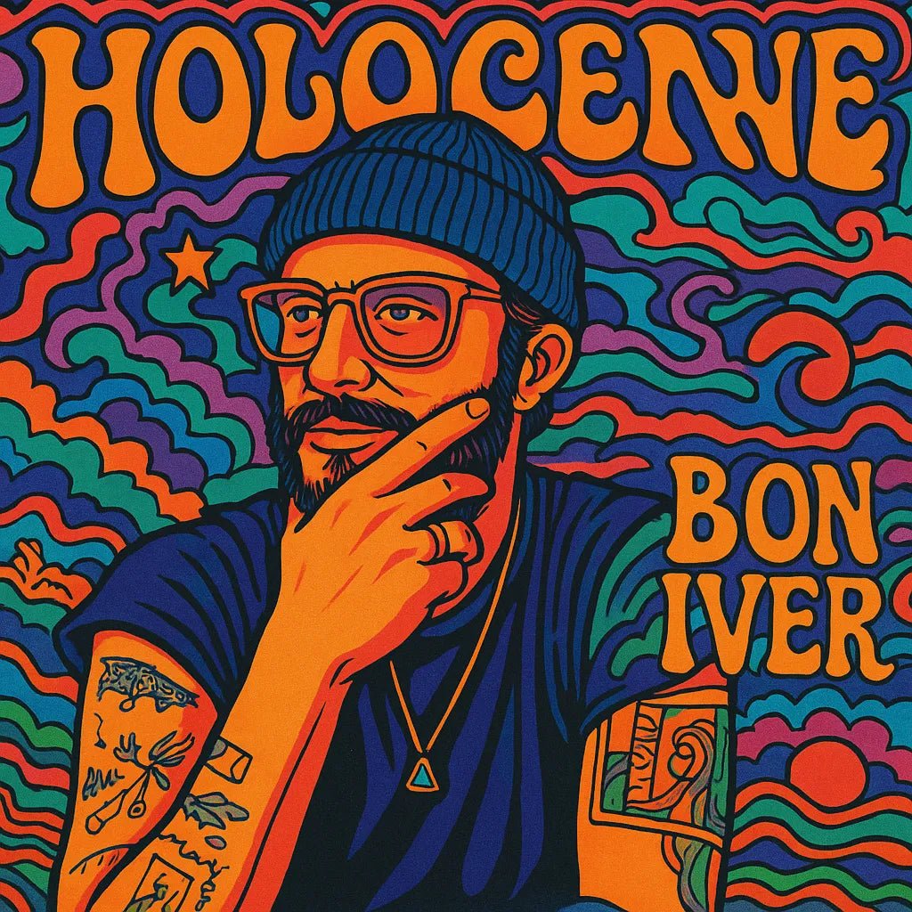 Example output from the Surreal Psychedelic Song Album Covers ChatGPT prompt: square-format album art with surreal, trippy characters, vivid colors, and psychedelic fonts—styled for musicians and creative branding. Hologene, Bon Iver.