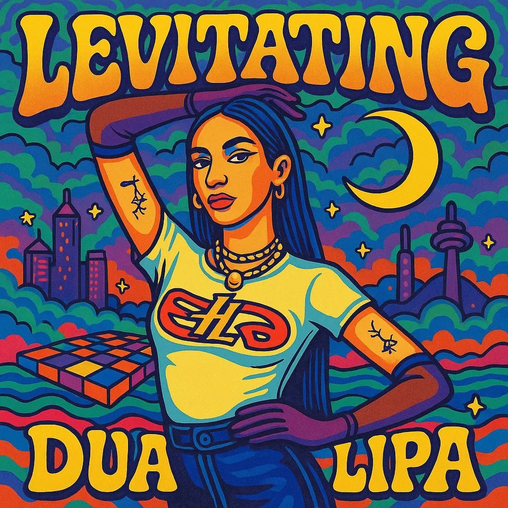 Example output from the Surreal Psychedelic Song Album Covers ChatGPT prompt: square-format album art with surreal, trippy characters, vivid colors, and psychedelic fonts—styled for musicians and creative branding. Levitating, Dua Lipa.
