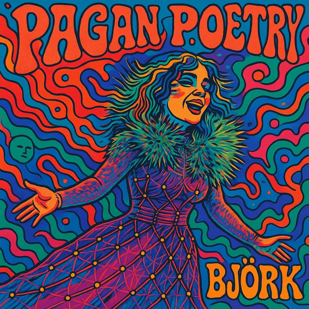 Example output from the Surreal Psychedelic Song Album Covers ChatGPT prompt: square-format album art with surreal, trippy characters, vivid colors, and psychedelic fonts—styled for musicians and creative branding. Pagan Poetry, Bjork.