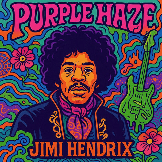 Example output from the Surreal Psychedelic Song Album Covers ChatGPT prompt: square-format album art with surreal, trippy characters, vivid colors, and psychedelic fonts—styled for musicians and creative branding. Purple Haze, Jimi Hendrix.