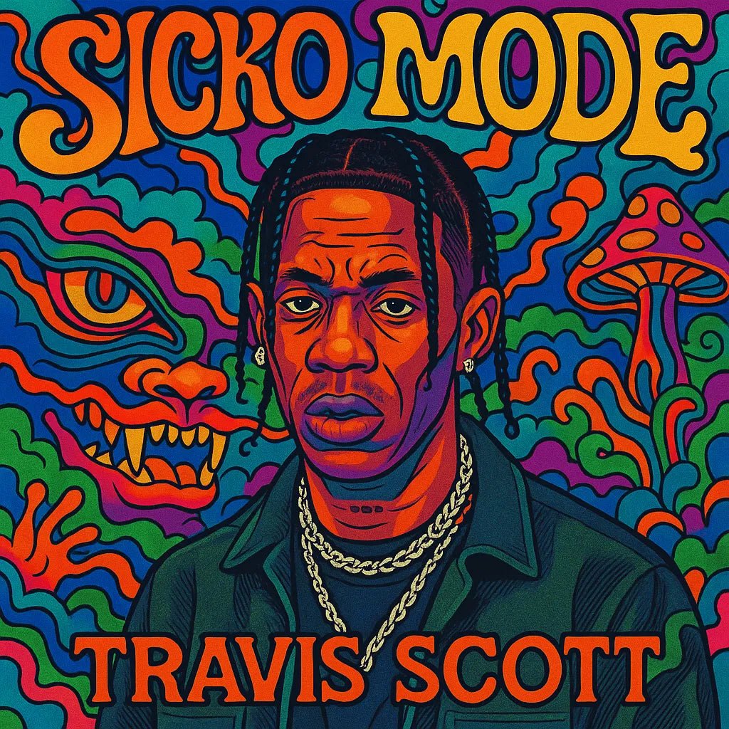 Example output from the Surreal Psychedelic Song Album Covers ChatGPT prompt: square-format album art with surreal, trippy characters, vivid colors, and psychedelic fonts—styled for musicians and creative branding. Sicko Mode, Travis Scott.