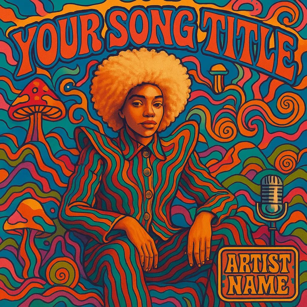 Example output from the Surreal Psychedelic Song Album Covers ChatGPT prompt: square-format album art with surreal, trippy characters, vivid colors, and psychedelic fonts—styled for musicians and creative branding. Your Song Title, Artist Name.