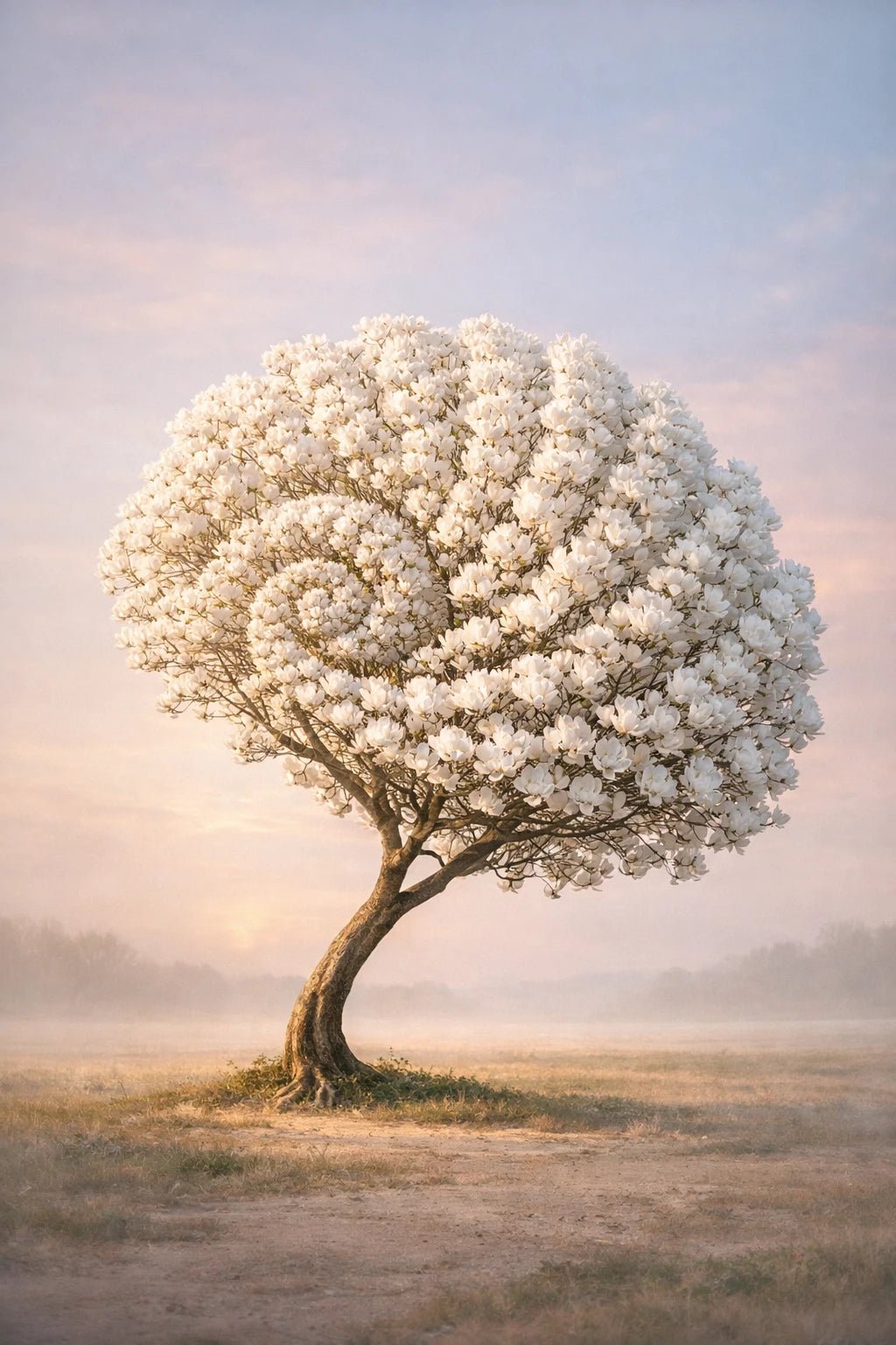 Surreal fine-art trees shaped like seashell silhouettes in cinematic pastel landscape with dreamlike lighting