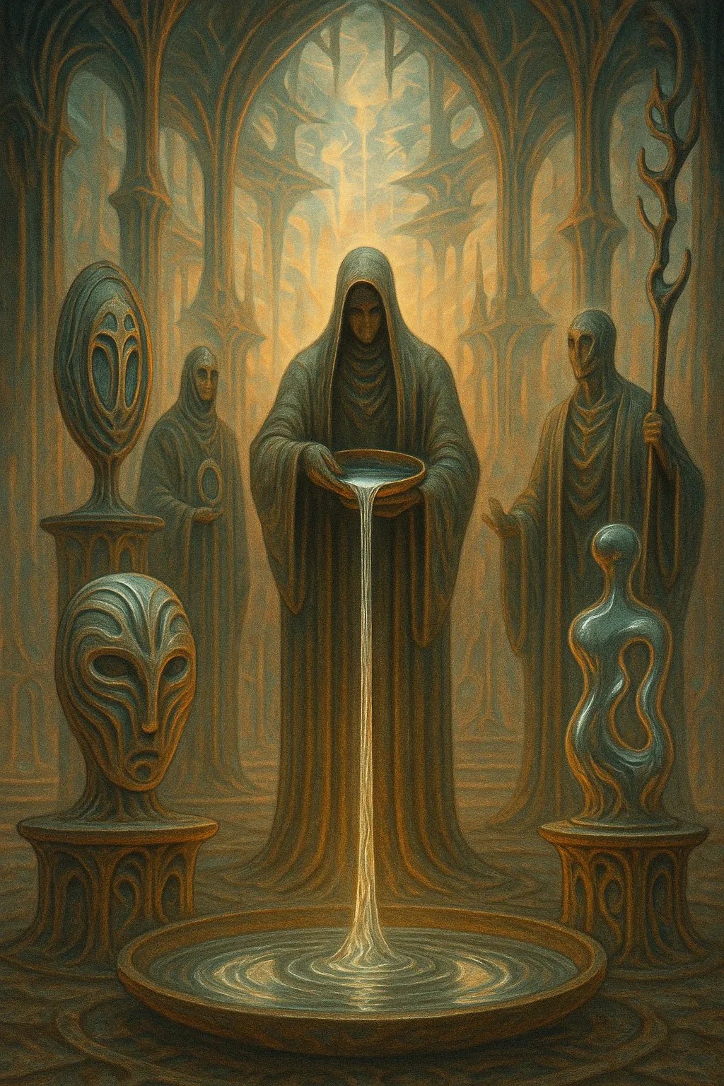 Example output from the Synthetic Myth Engine Scenes ChatGPT prompt: surreal temple-like environments. Preview 5.