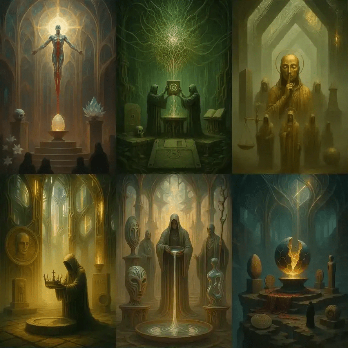 Example output from the Synthetic Myth Engine Scenes ChatGPT prompt: surreal temple-like environments with glowing relics, golden sculptures, and dreamlike shadows, evoking divine atmospheres and otherworldly symbolism.