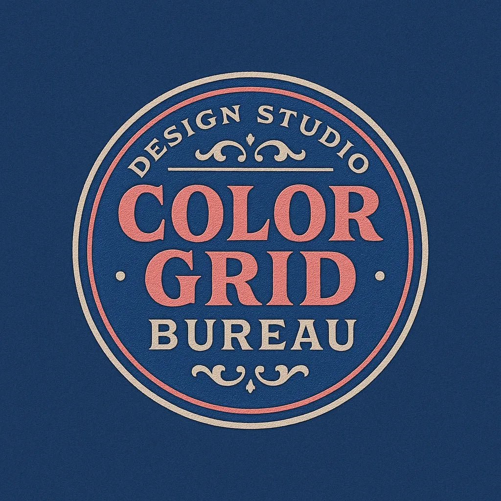 Example output from the Text Only Seal Logos ChatGPT prompt: elegant circular vintage logos with serif typography, custom 3-color palettes, and ornamental borders, designed in minimalist 1:1 layouts. Color Grid Bureau.