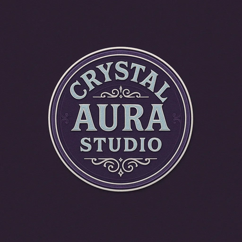 Example output from the Text Only Seal Logos ChatGPT prompt: elegant circular vintage logos with serif typography, custom 3-color palettes, and ornamental borders, designed in minimalist 1:1 layouts. Crystal Aura Studio.