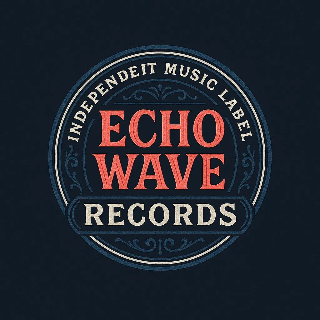 Example output from the Text Only Seal Logos ChatGPT prompt: elegant circular vintage logos with serif typography, custom 3-color palettes, and ornamental borders, designed in minimalist 1:1 layouts. Echo Wave Records.