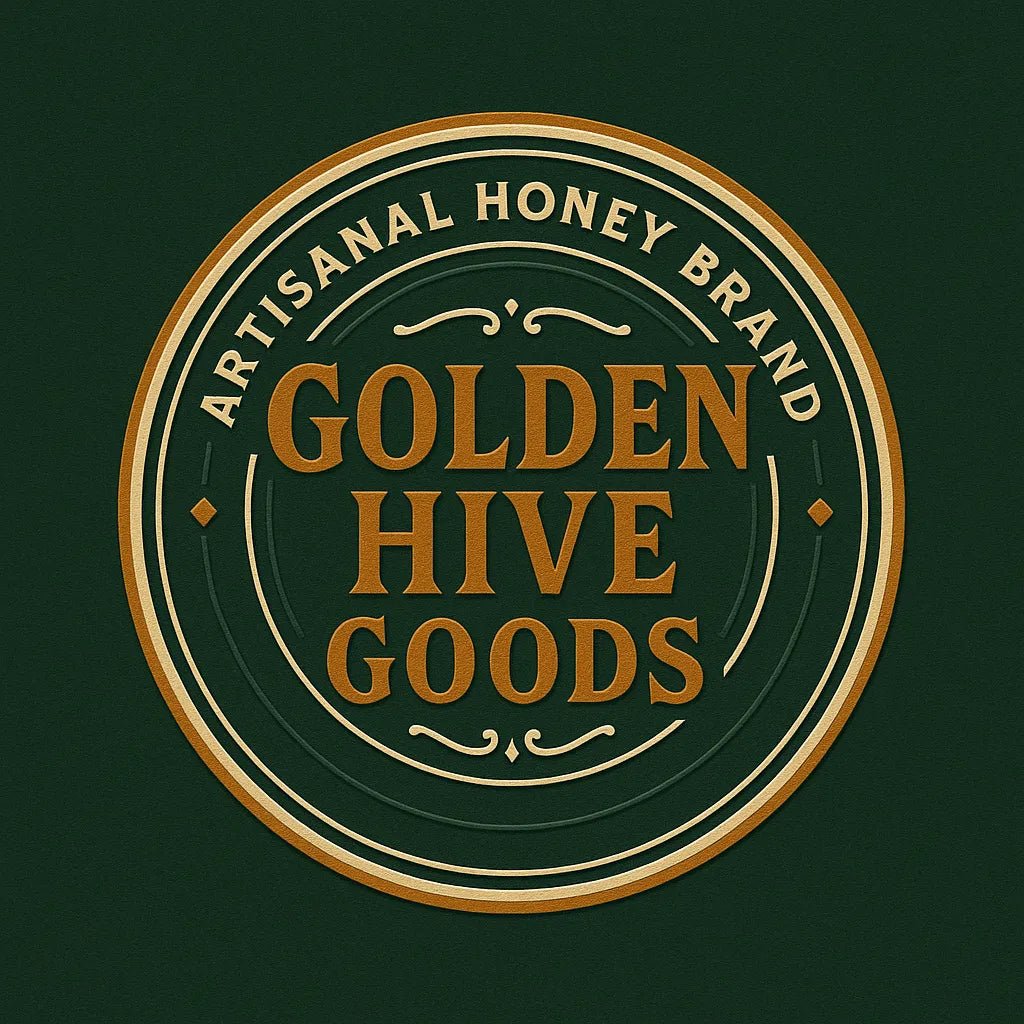 Example output from the Text Only Seal Logos ChatGPT prompt: elegant circular vintage logos with serif typography, custom 3-color palettes, and ornamental borders, designed in minimalist 1:1 layouts. Golden Hive Goods.