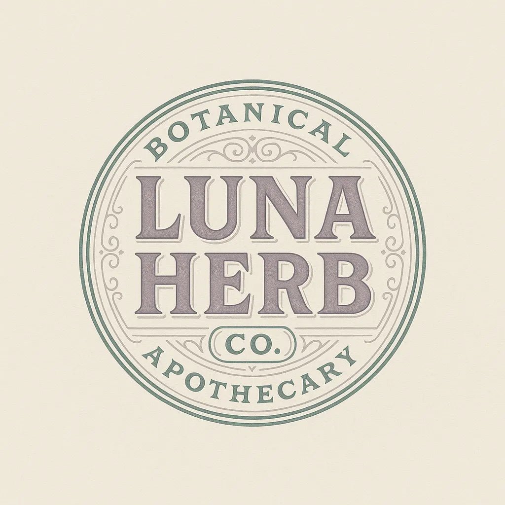 Example output from the Text Only Seal Logos ChatGPT prompt: elegant circular vintage logos with serif typography, custom 3-color palettes, and ornamental borders, designed in minimalist 1:1 layouts. Luna Herb.