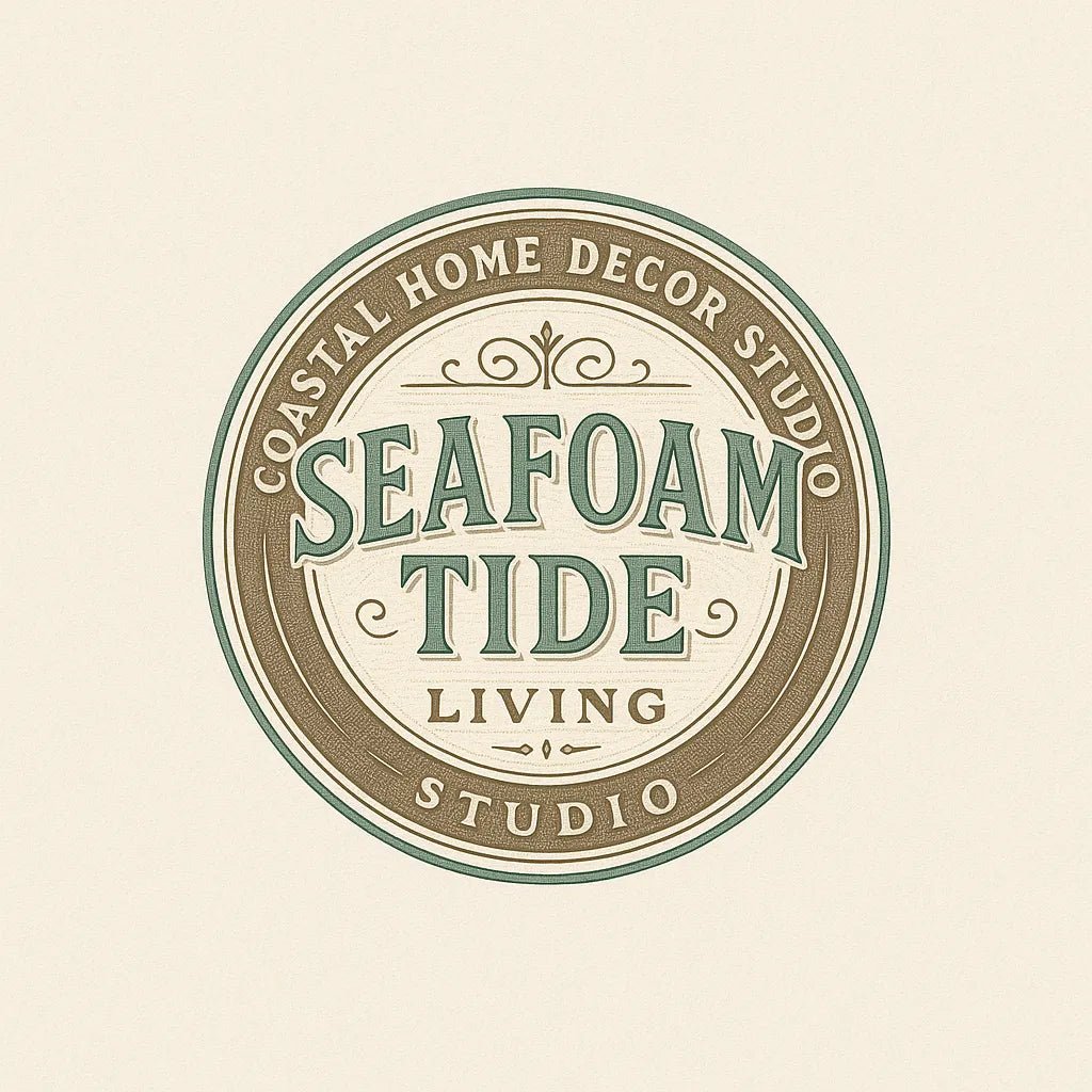 Example output from the Text Only Seal Logos ChatGPT prompt: elegant circular vintage logos with serif typography, custom 3-color palettes, and ornamental borders, designed in minimalist 1:1 layouts. Seafoam Tide.