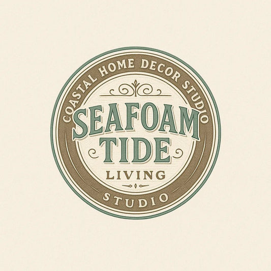 Example output from the Text Only Seal Logos ChatGPT prompt: elegant circular vintage logos with serif typography, custom 3-color palettes, and ornamental borders, designed in minimalist 1:1 layouts. Seafoam Tide.