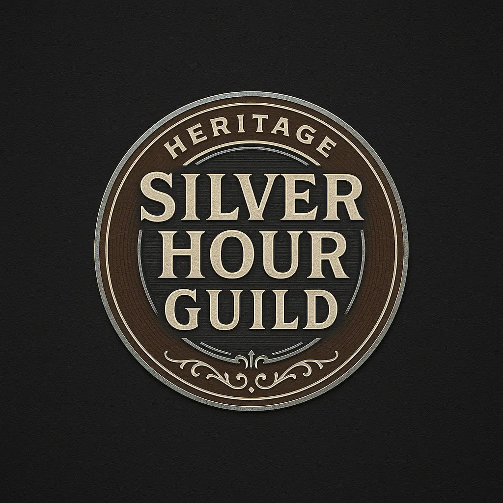 Example output from the Text Only Seal Logos ChatGPT prompt: elegant circular vintage logos with serif typography, custom 3-color palettes, and ornamental borders, designed in minimalist 1:1 layouts. Silver Hour Guild.