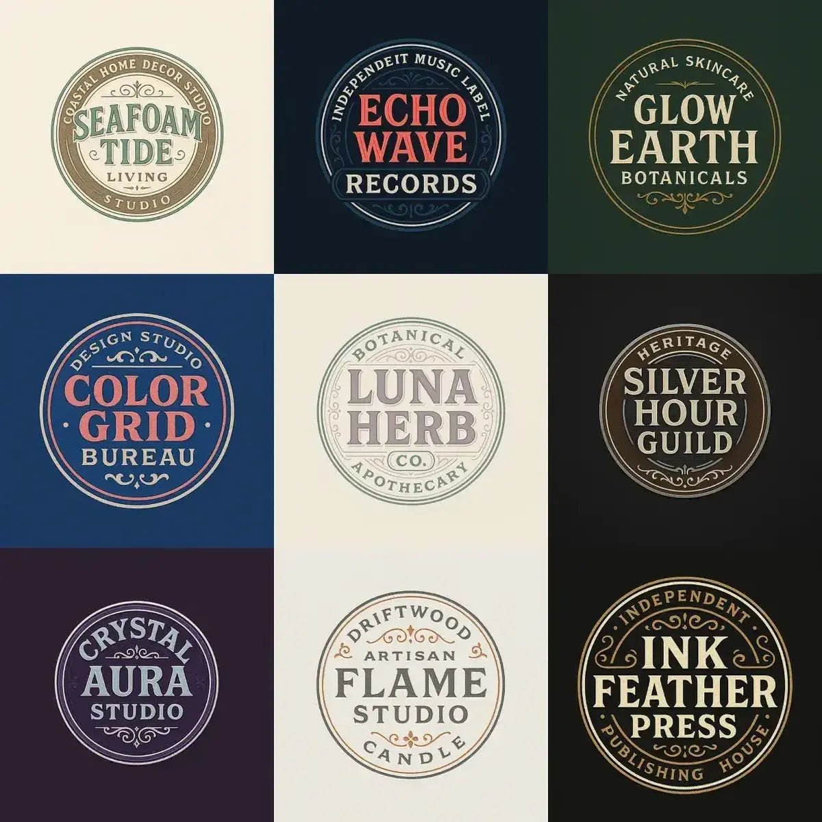Example output from the Text Only Seal Logos ChatGPT prompt: elegant circular vintage logos with serif typography, custom 3-color palettes, and ornamental borders, designed in minimalist 1:1 layouts.
