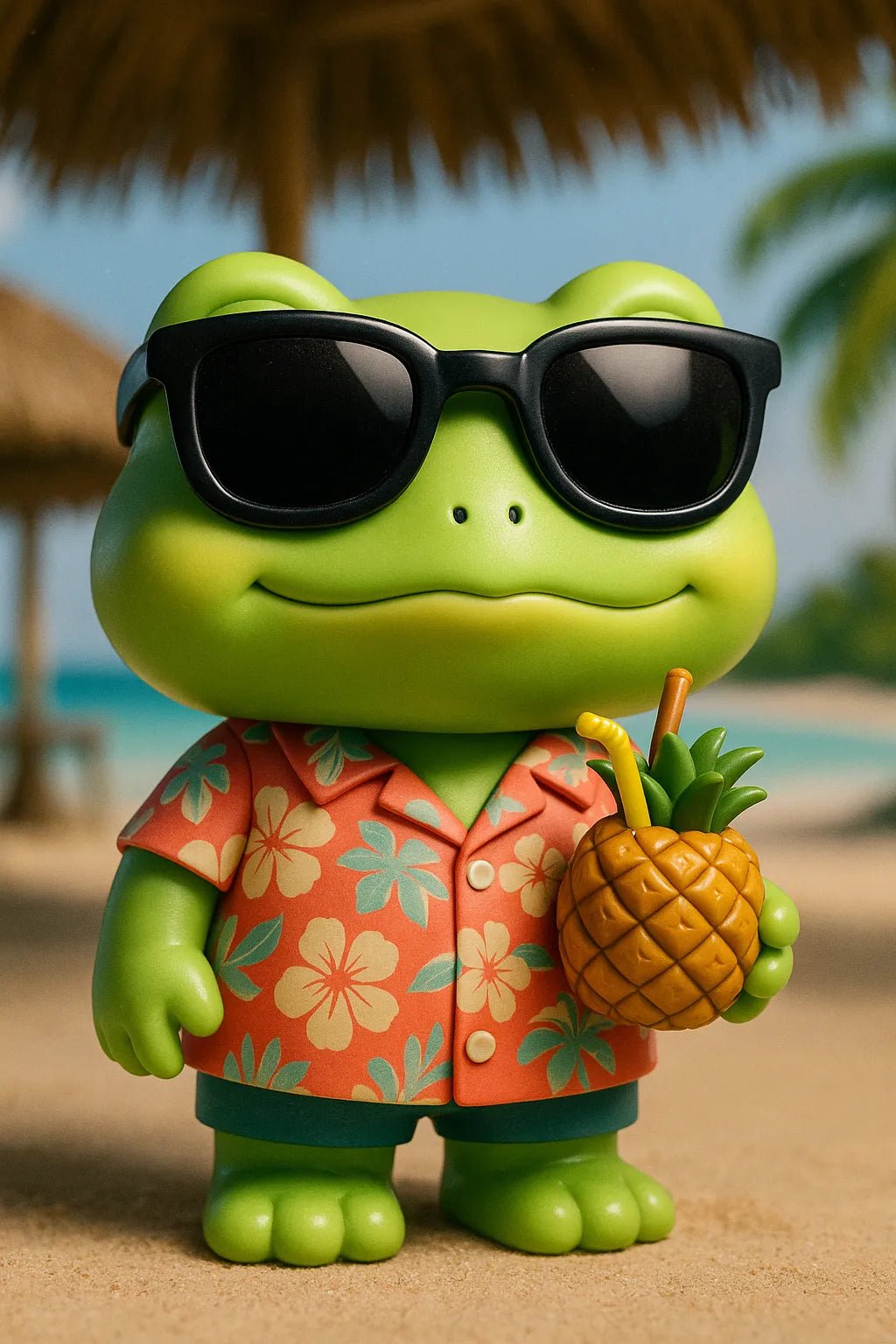 Example output from the Themed Vinyl 3D Character Toy Portrait ChatGPT prompt: lifelike vinyl-style chibi figures posed with character-themed props and backgrounds. Frog.