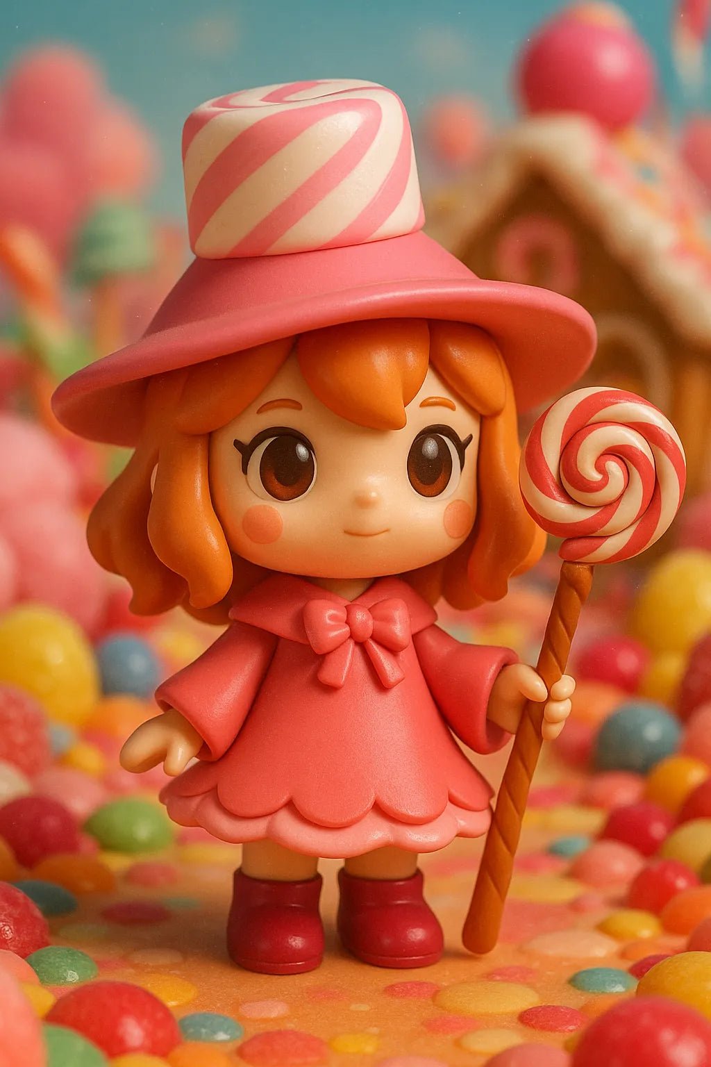Example output from the Themed Vinyl 3D Character Toy Portrait ChatGPT prompt: lifelike vinyl-style chibi figures posed with character-themed props and backgrounds. Candy Girl.