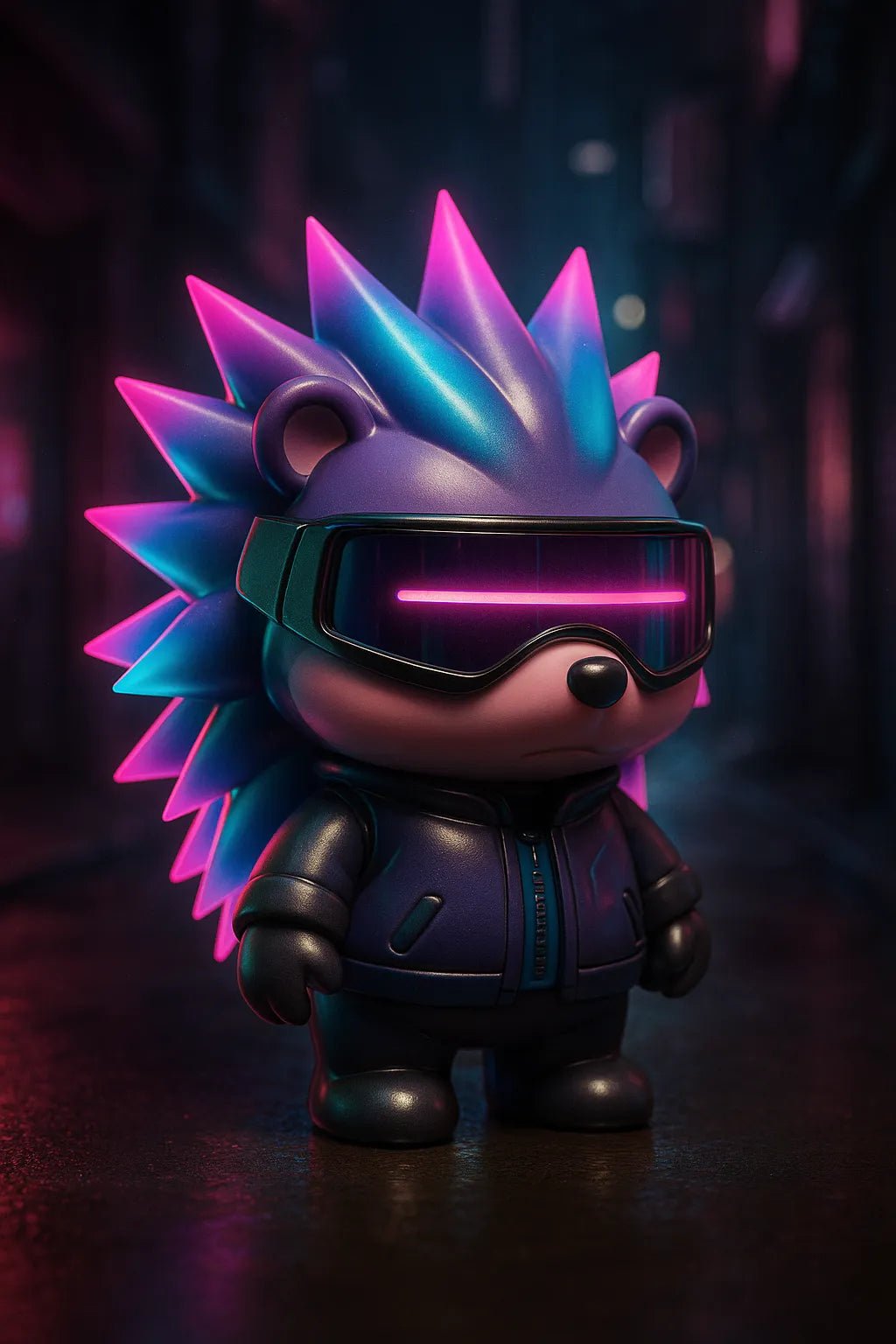 Example output from the Themed Vinyl 3D Character Toy Portrait ChatGPT prompt: lifelike vinyl-style chibi figures posed with character-themed props and backgrounds. Cyberpunk Hedgehog.