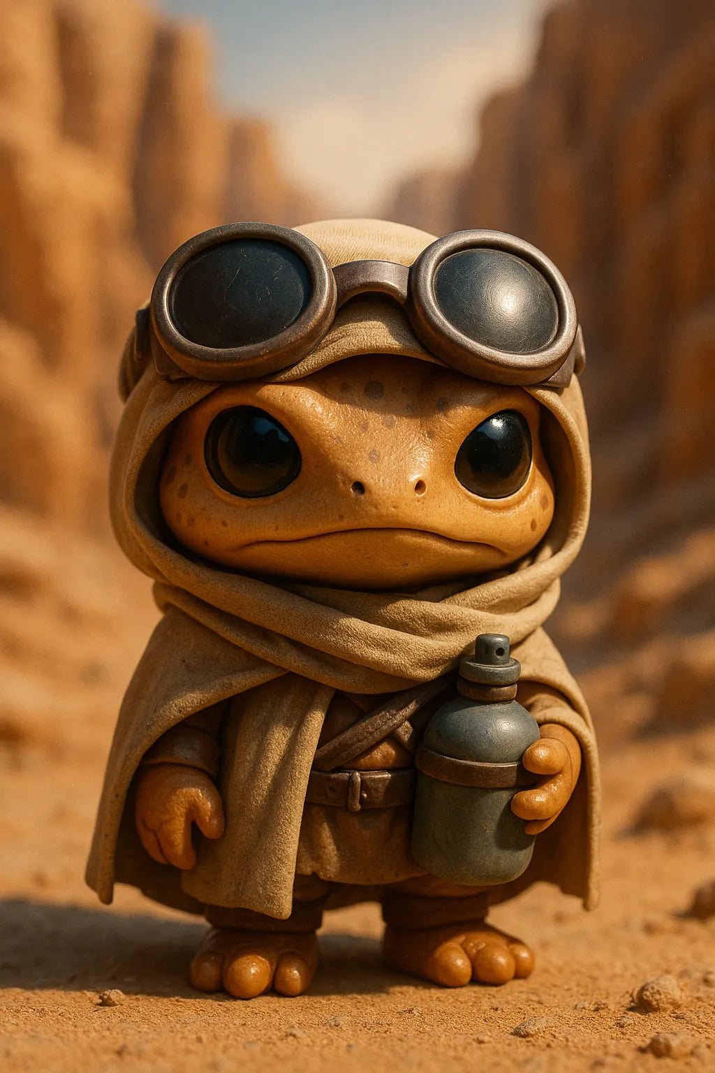 Example output from the Themed Vinyl 3D Character Toy Portrait ChatGPT prompt: lifelike vinyl-style chibi figures posed with character-themed props and backgrounds. Desert nomad lizard.