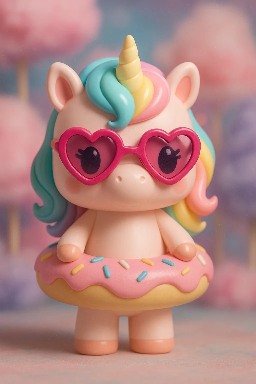 Example output from the Themed Vinyl 3D Character Toy Portrait ChatGPT prompt: lifelike vinyl-style chibi figures posed with character-themed props and backgrounds. Pastel Unicorn.
