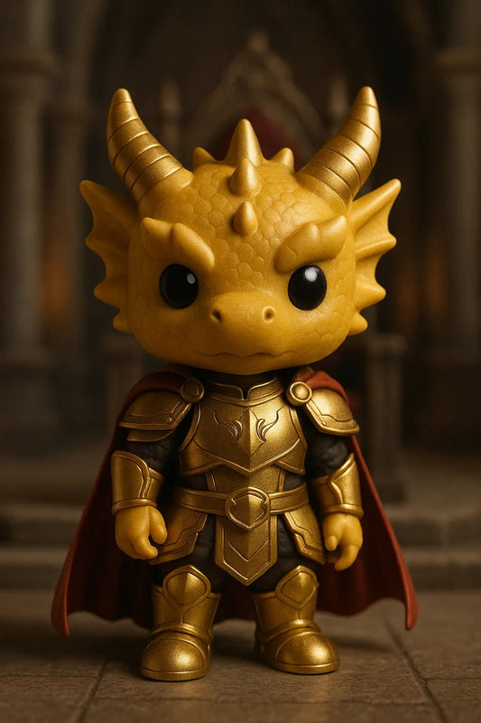 Example output from the Themed Vinyl 3D Character Toy Portrait ChatGPT prompt: lifelike vinyl-style chibi figures posed with character-themed props and backgrounds. Royal Dragon Prince.