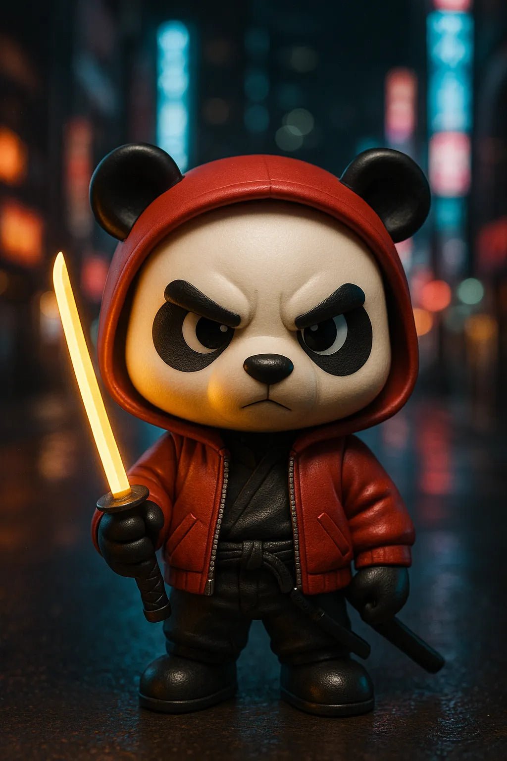 Example output from the Themed Vinyl 3D Character Toy Portrait ChatGPT prompt: lifelike vinyl-style chibi figures posed with character-themed props and backgrounds. Street Samurai Panda