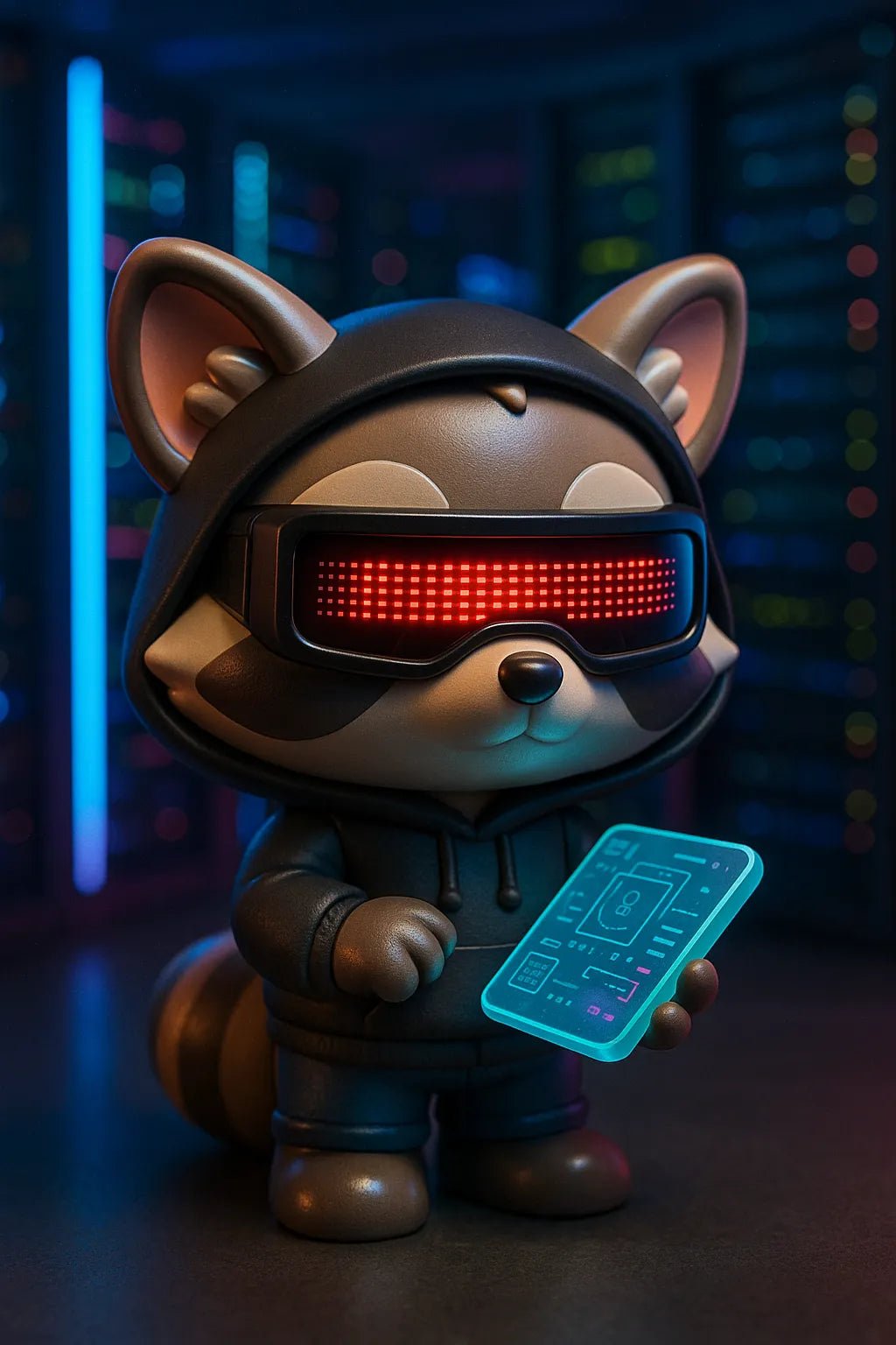 Example output from the Themed Vinyl 3D Character Toy Portrait ChatGPT prompt: lifelike vinyl-style chibi figures posed with character-themed props and backgrounds. Tech Savvy Racoon.