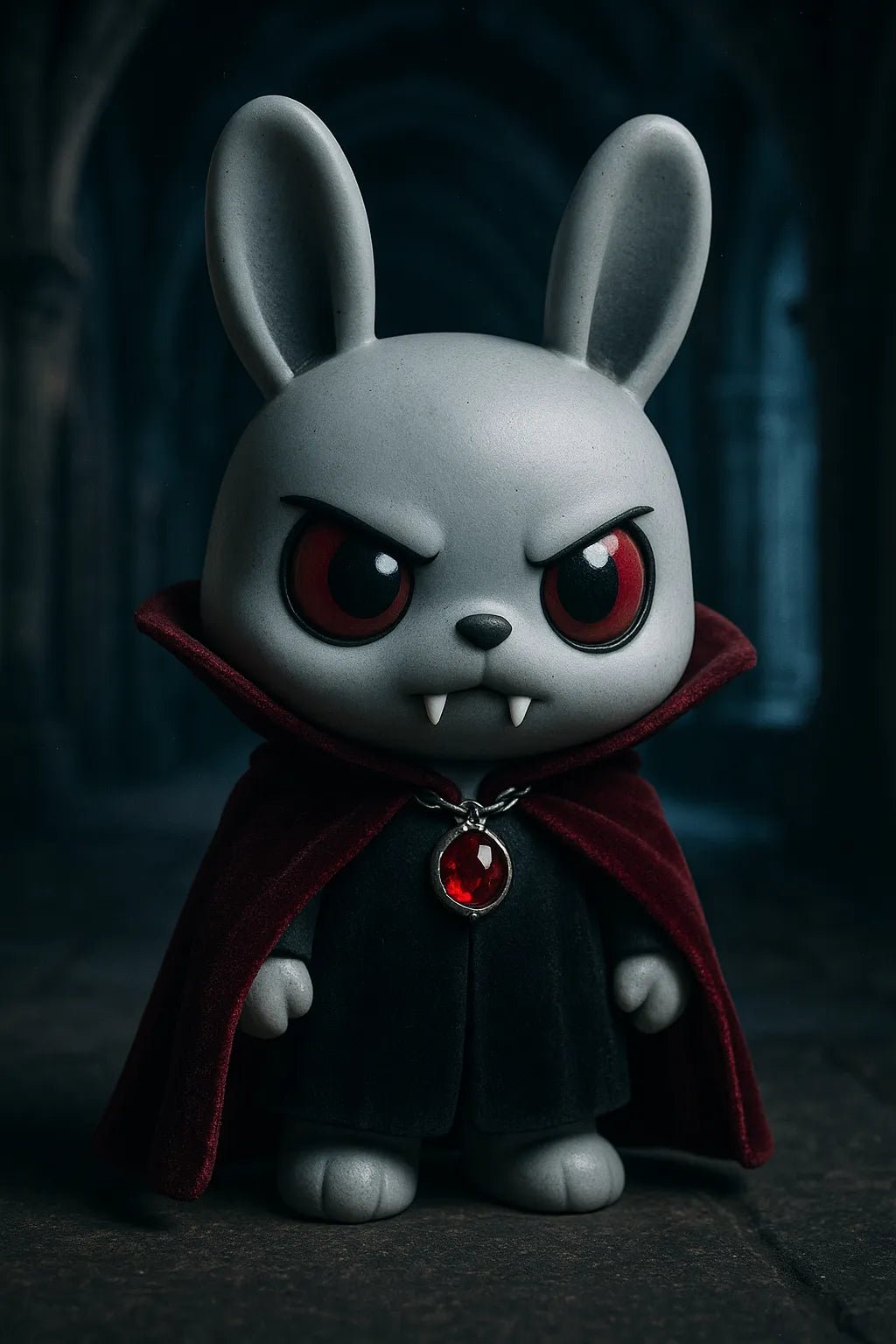 Example output from the Themed Vinyl 3D Character Toy Portrait ChatGPT prompt: lifelike vinyl-style chibi figures posed with character-themed props and backgrounds. Vampire Bunny.