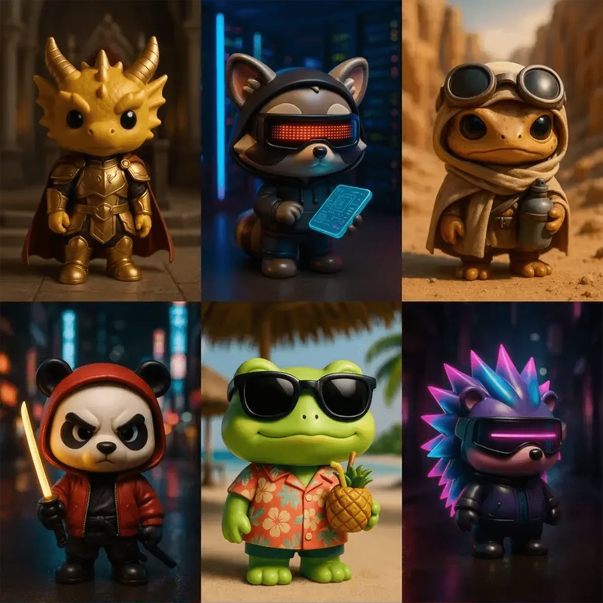 Example output from the Themed Vinyl 3D Character Toy Portrait ChatGPT prompt: lifelike vinyl-style chibi figures posed with character-themed props and backgrounds, sharp lighting, and subtle textures for marketing-ready mockups.