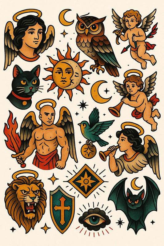 Example output from the Timeless Tattoo Flash Sheet ChatGPT prompt: Celestial Guardians