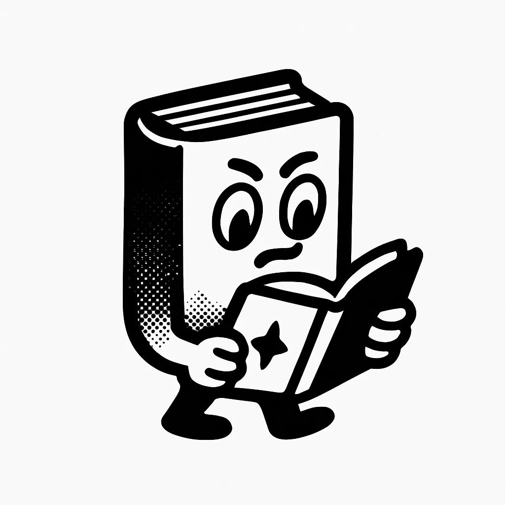 Example output from the Tiny Mascots With Action ChatGPT prompt: expressive black-and-white vector mascot: Book reading.