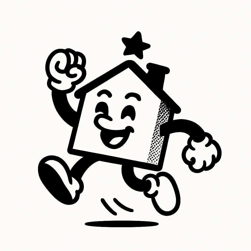 Example output from the Tiny Mascots With Action ChatGPT prompt: expressive black-and-white vector mascot: House Jumping.