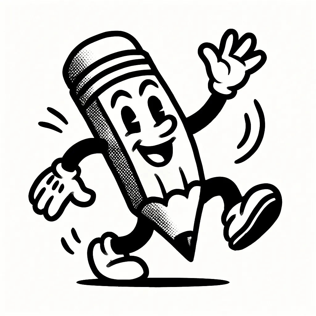 Example output from the Tiny Mascots With Action ChatGPT prompt: expressive black-and-white vector mascot: Happy Pencil.