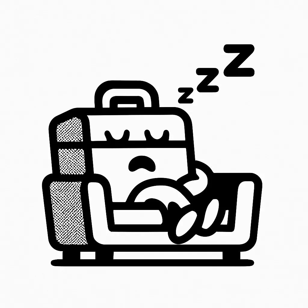 Example output from the Tiny Mascots With Action ChatGPT prompt: expressive black-and-white vector mascot: Suitcase Sleeping.