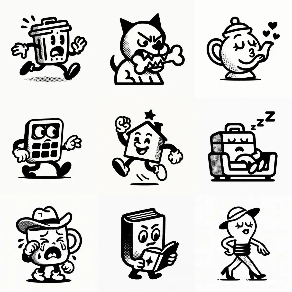 Example output from the Tiny Mascots With Action ChatGPT prompt: expressive black-and-white vector mascots with bold lines, halftone textures, and strong poses—perfect for collectibles, branding, or stickers.