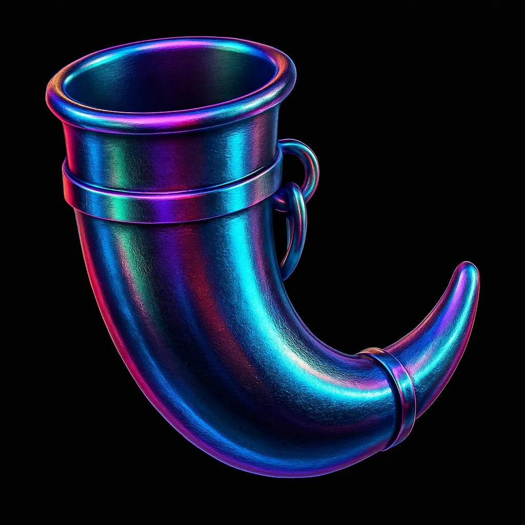 Example output of translucent grainy chrome 3D icons generated by a ChatGPT prompt template. Horn.