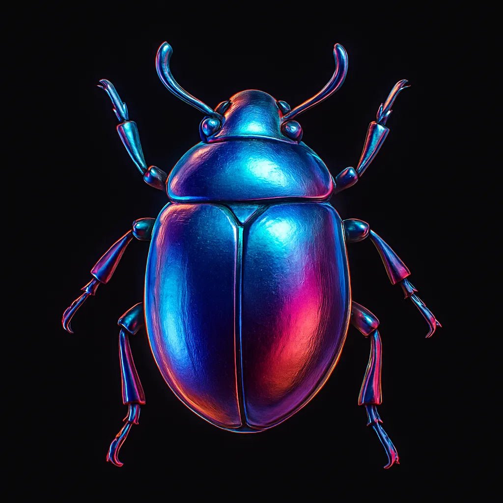 Example output of translucent grainy chrome 3D icons generated by a ChatGPT prompt template. Insect.