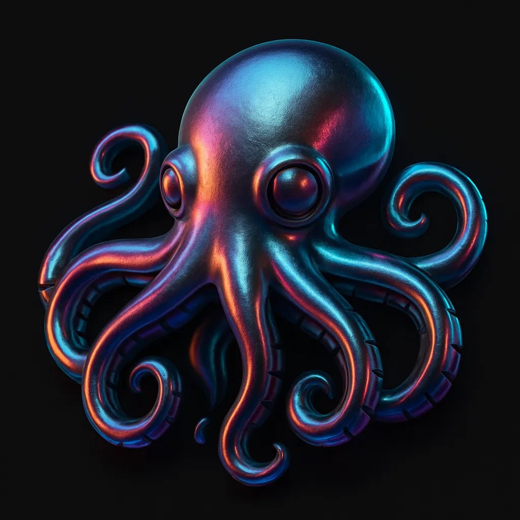 Example output of translucent grainy chrome 3D icons generated by a ChatGPT prompt template. Octopus.