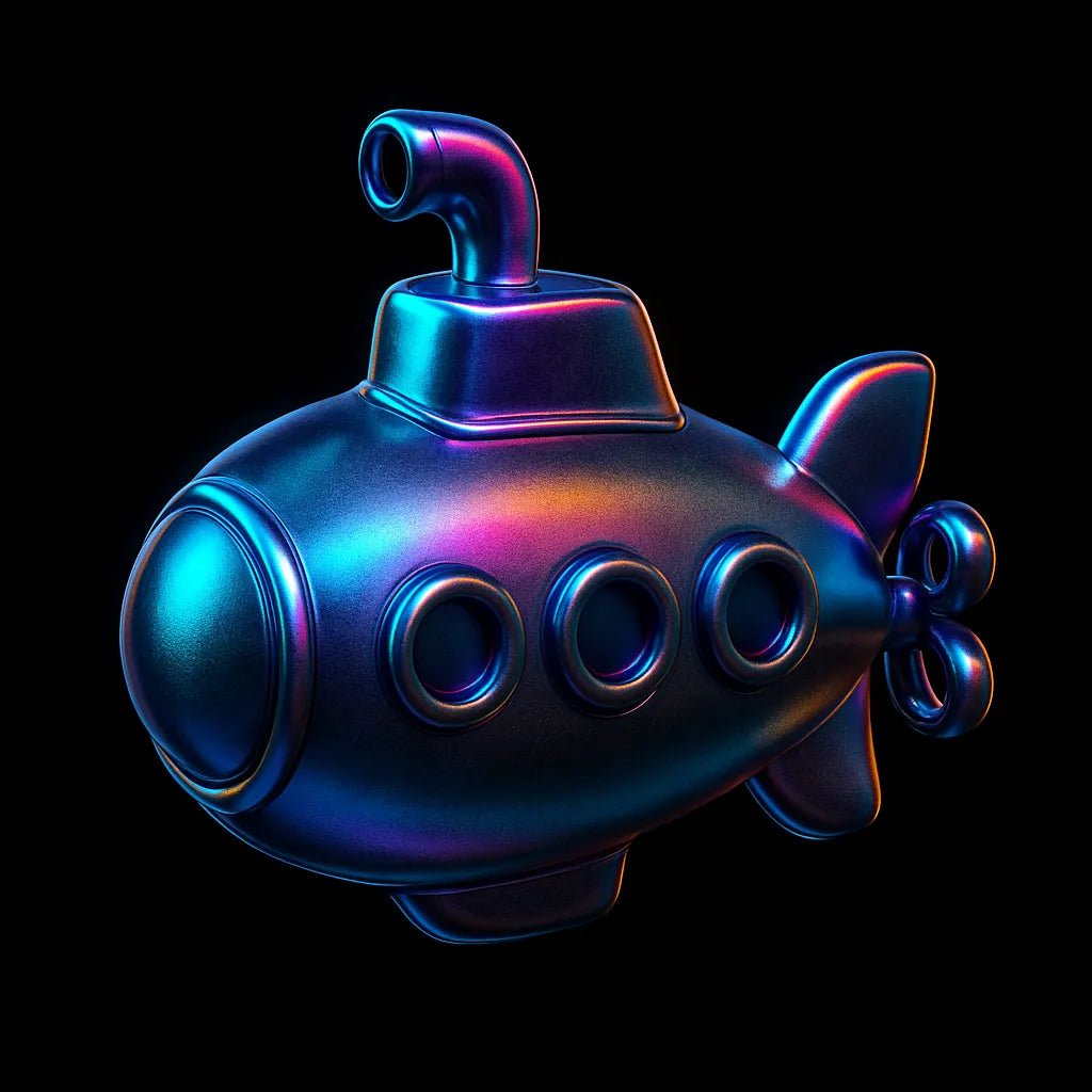 Example output of translucent grainy chrome 3D icons generated by a ChatGPT prompt template. Submarine.