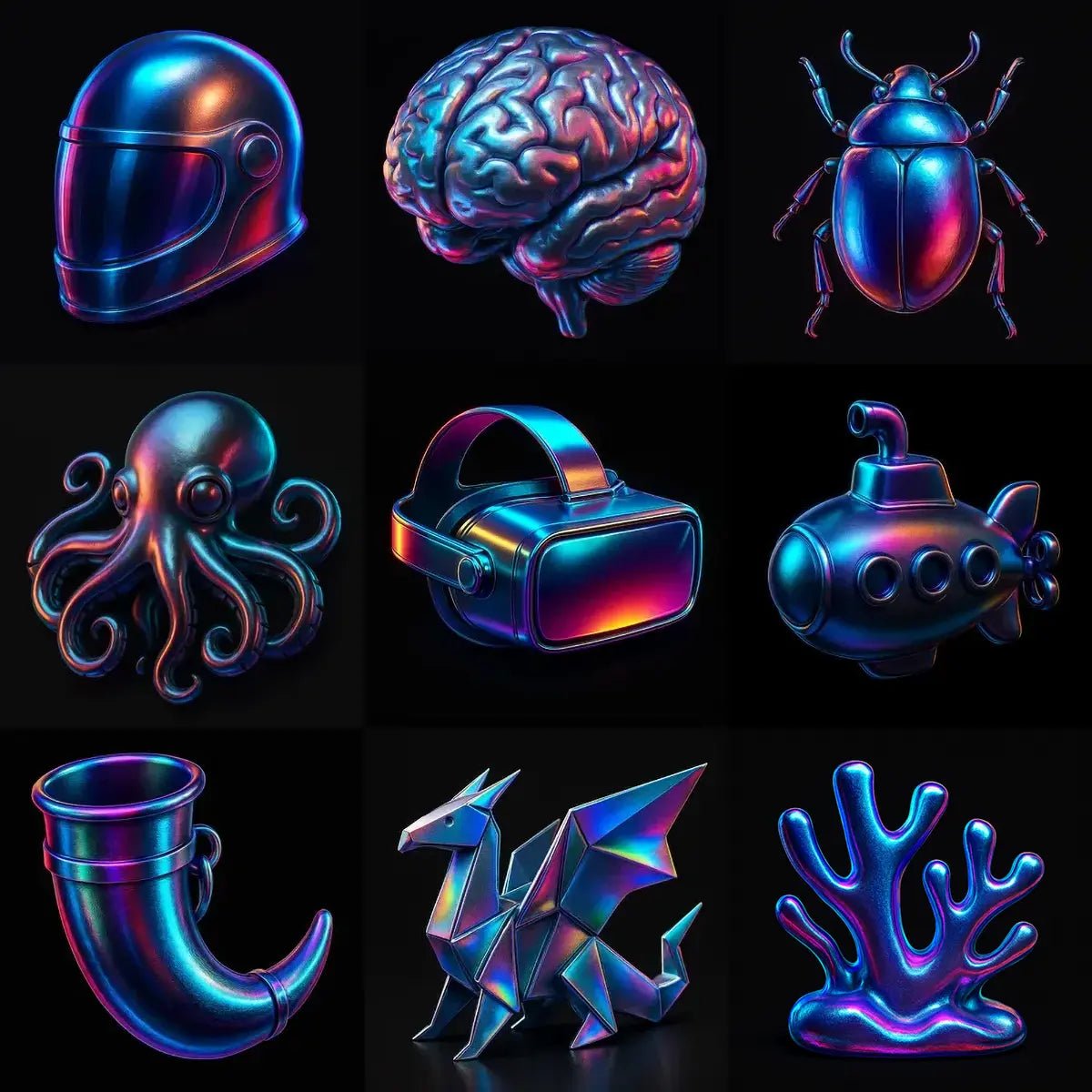 Example output of translucent grainy chrome 3D icons generated by a ChatGPT prompt template, showcasing slightly angled iridescent chrome surfaces with subtle grain noise and faint translucency on a sleek black square canvas.